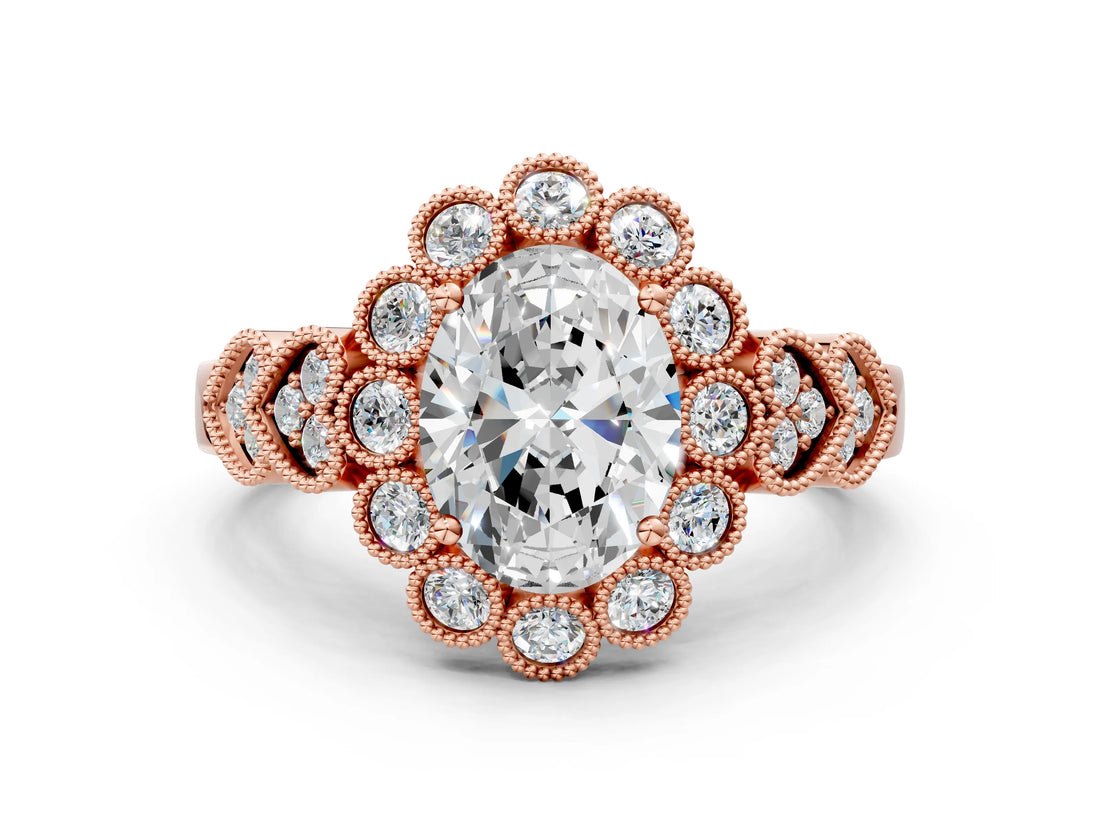 Rose gold Oval Cut Brilliant Milgrain Pave Heart Band Solitaire Ring_3