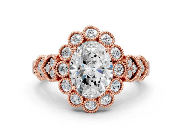 Rose gold Oval Cut Brilliant Milgrain Pave Heart Band Solitaire Ring