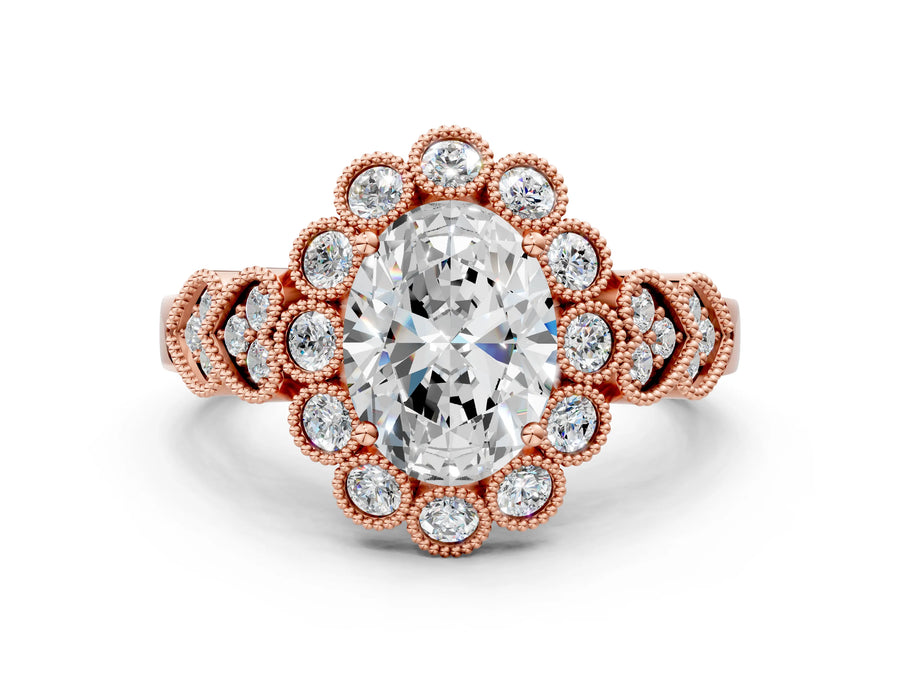 Rose gold Oval Cut Brilliant Milgrain Pave Heart Band Solitaire Ring