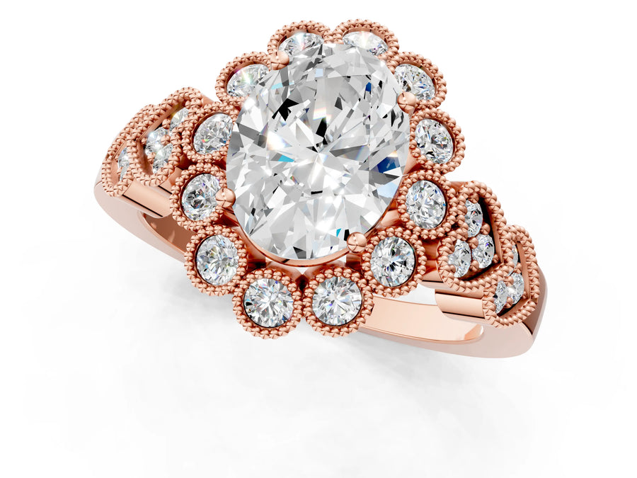 Rose gold Oval Cut Brilliant Milgrain Pave Heart Band Solitaire Ring