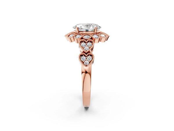 Rose gold Oval Cut Brilliant Milgrain Pave Heart Band Solitaire Ring