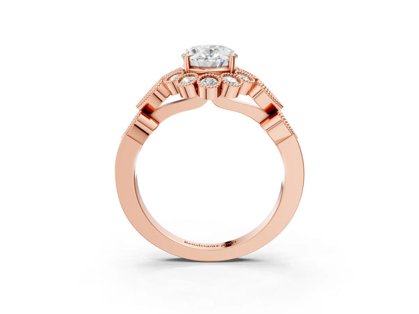 Rose gold Oval Cut Brilliant Milgrain Pave Heart Band Solitaire Ring