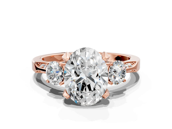 Rose gold Oval Cut Brilliant Three-Stone Diamond Ring with Pavé Band and Four-Prong Setting