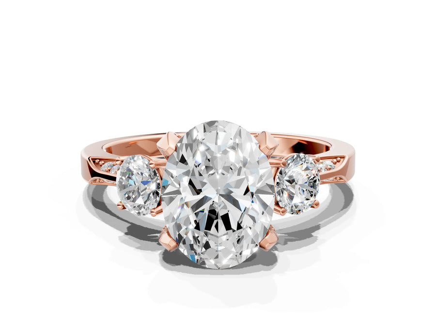 Rose gold Oval Cut Brilliant Three-Stone Diamond Ring with Pavé Band and Four-Prong Setting