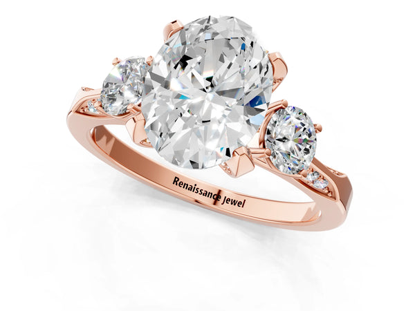 Rose gold Oval Cut Brilliant Three-Stone Diamond Ring with Pavé Band and Four-Prong Setting