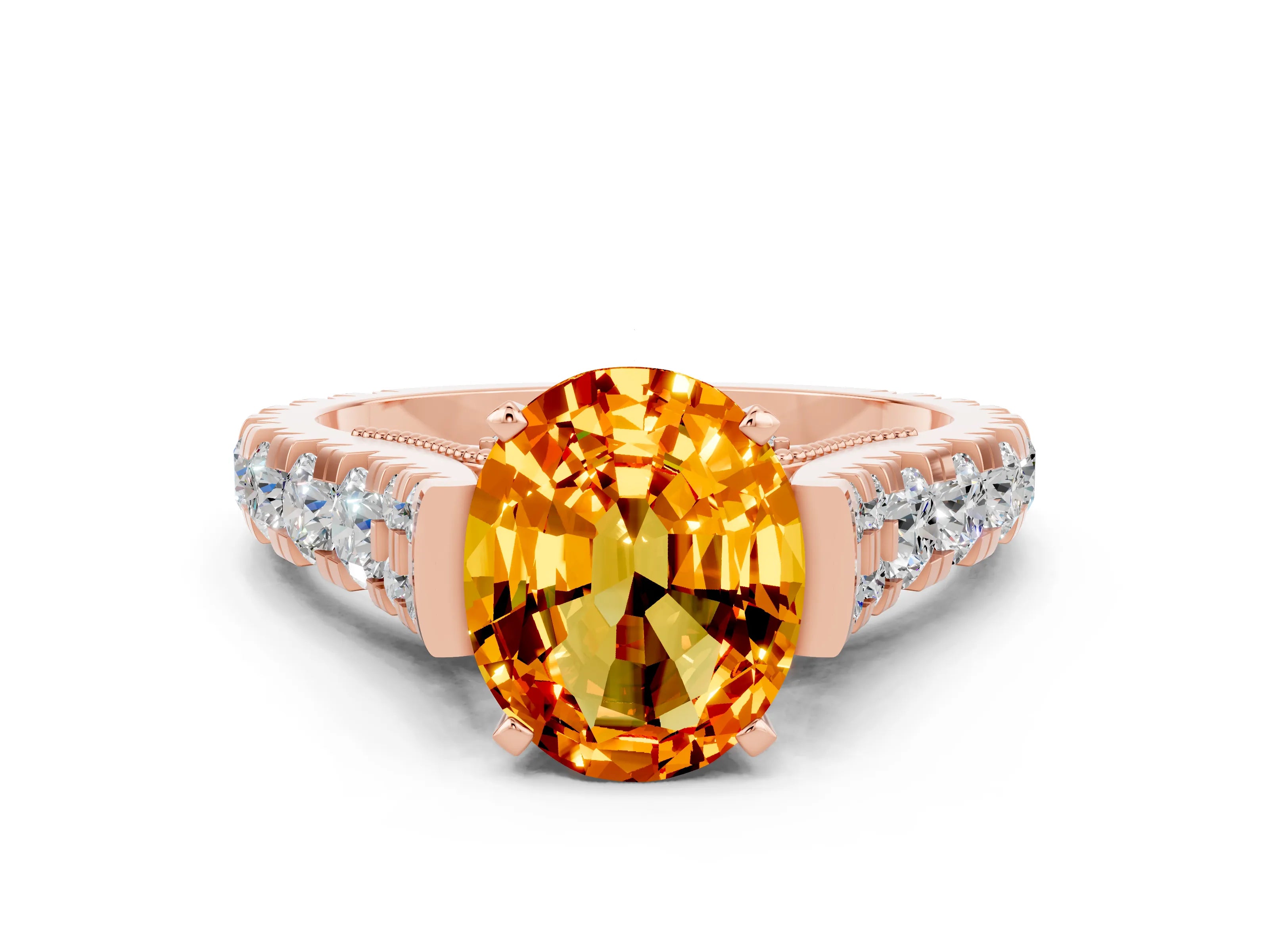 Rose gold Oval Cut Citrine Classic Solitaire Ring with Pavé Band and Four-Prong Setting