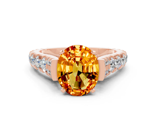 Rose gold Oval Cut Citrine Classic Solitaire Ring with Pavé Band and Four-Prong Setting