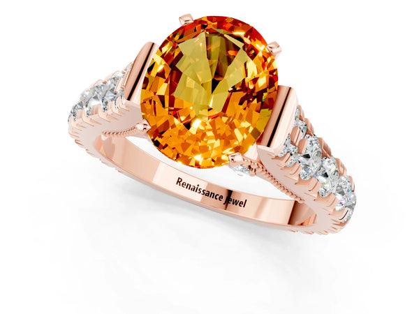 Rose gold Oval Cut Citrine Classic Solitaire Ring with Pavé Band and Four-Prong Setting