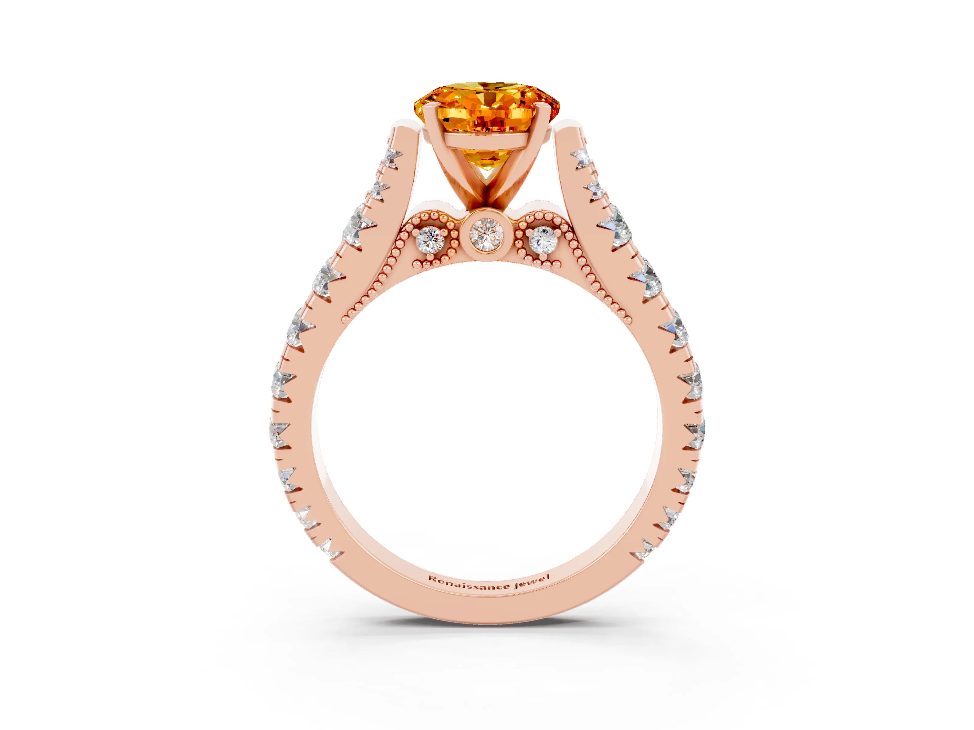 Rose gold Oval Cut Citrine Classic Solitaire Ring with Pavé Band and Four-Prong Setting_3
