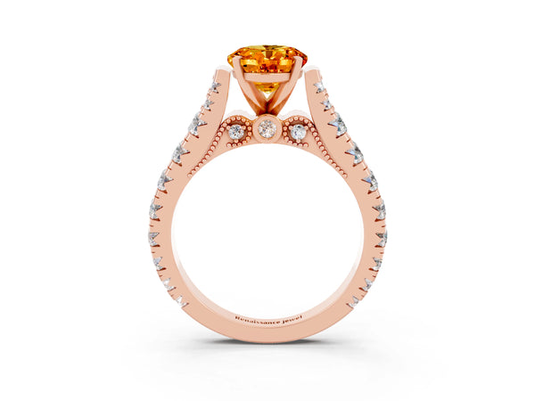 Rose gold Oval Cut Citrine Classic Solitaire Ring with Pavé Band and Four-Prong Setting