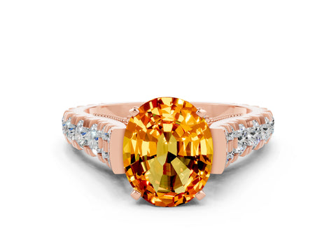 Rose gold Oval Cut Citrine Classic Solitaire Ring with Pavé Band and Four-Prong Setting