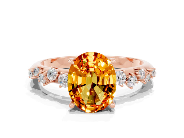 Rose gold Oval Cut Citrine Cluster Side Stone Solitaire Ring with Prong Setting