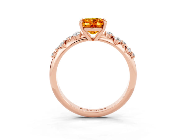 Rose gold Oval Cut Citrine Cluster Side Stone Solitaire Ring with Prong Setting