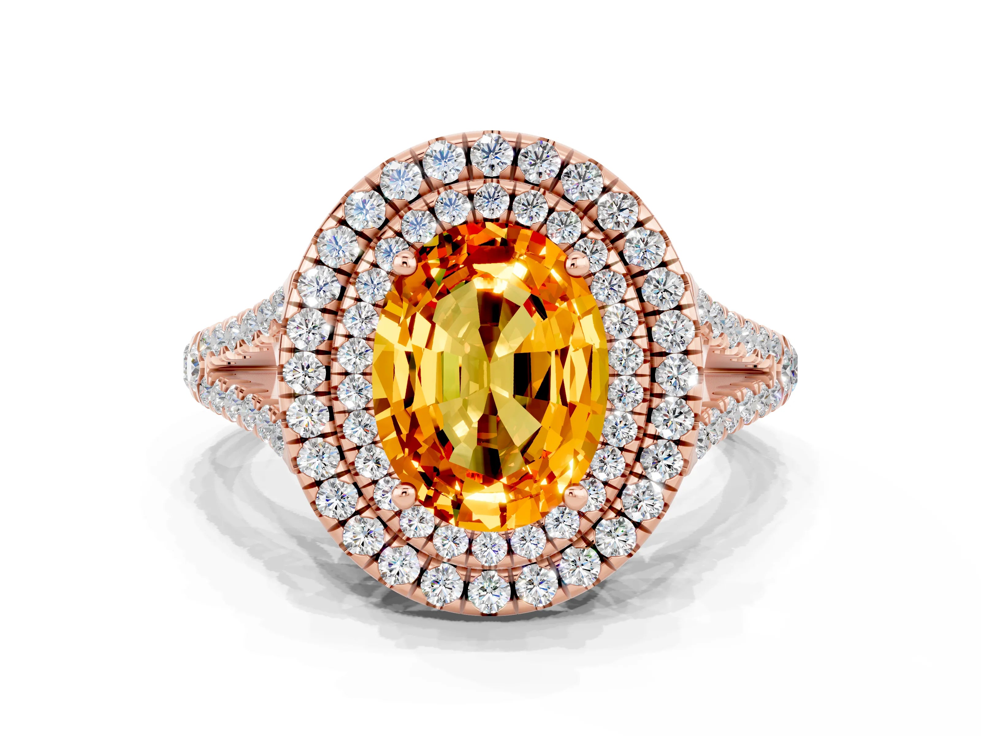 Rose gold Oval Cut Citrine Double Halo Ring with Pavé Band and Prong Setting_12