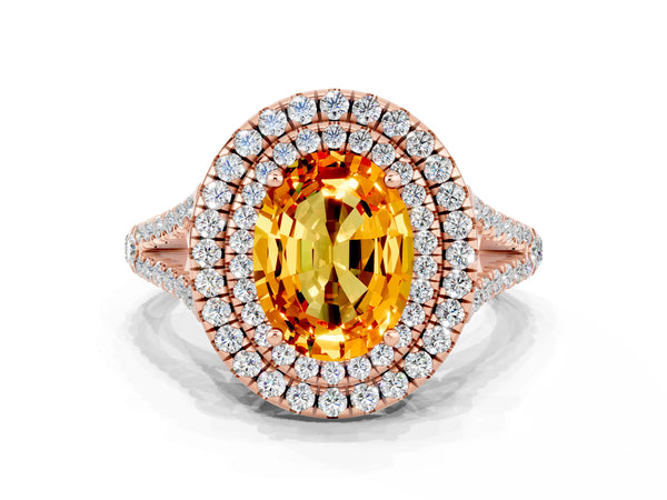Rose gold Oval Cut Citrine Double Halo Ring with Pavé Band and Prong Setting