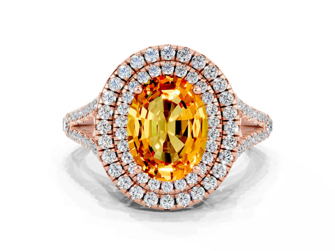Rose gold Oval Cut Citrine Double Halo Ring with Pavé Band and Prong Setting_12