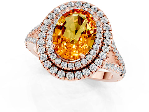 Rose gold Oval Cut Citrine Double Halo Ring with Pavé Band and Prong Setting_13