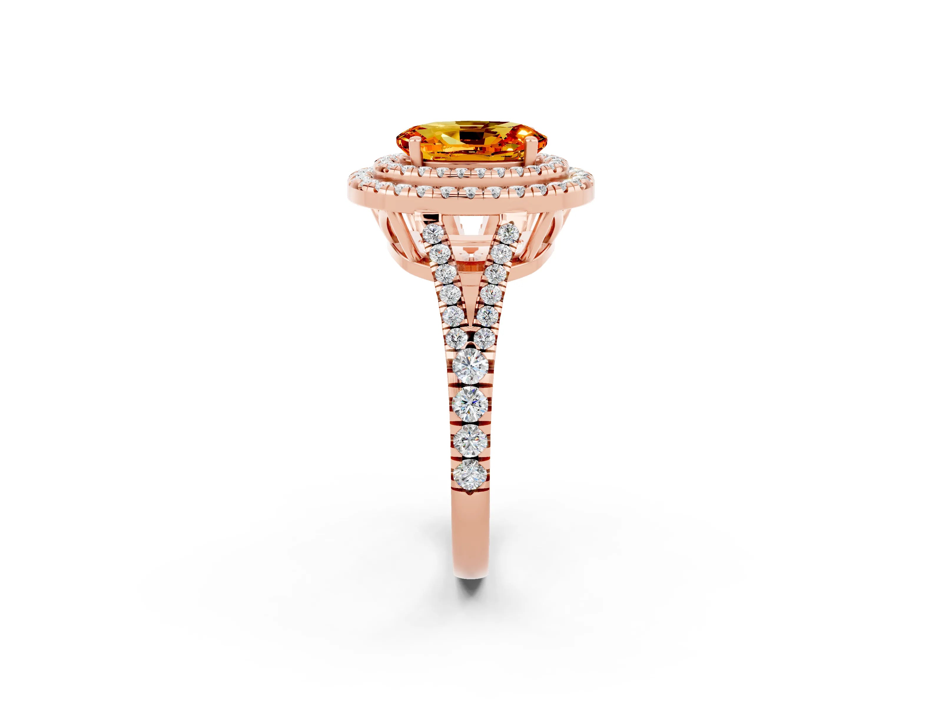 Rose gold Oval Cut Citrine Double Halo Ring with Pavé Band and Prong Setting_14