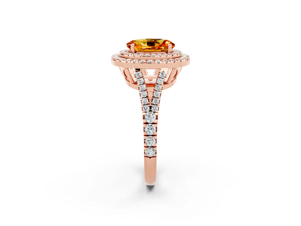 Rose gold Oval Cut Citrine Double Halo Ring with Pavé Band and Prong Setting