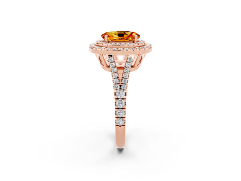 Rose gold Oval Cut Citrine Double Halo Ring with Pavé Band and Prong Setting_14
