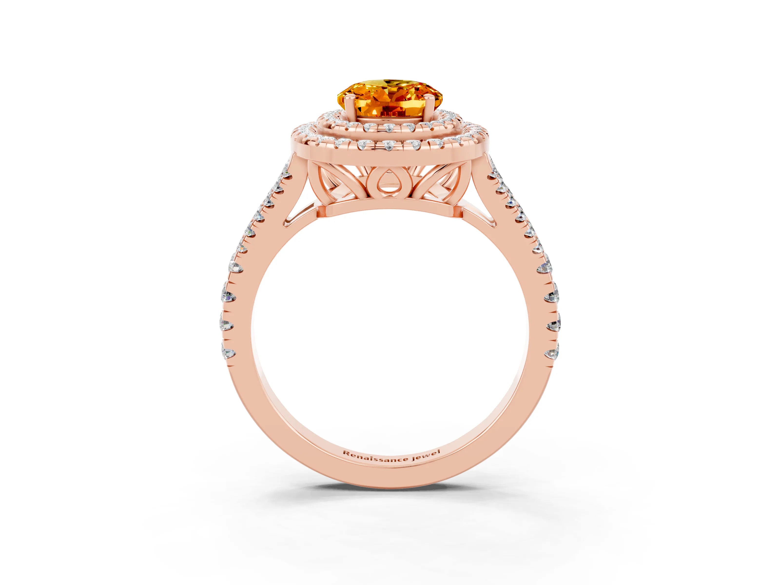 Rose gold Oval Cut Citrine Double Halo Ring with Pavé Band and Prong Setting_15