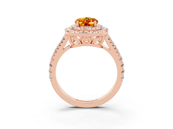 Rose gold Oval Cut Citrine Double Halo Ring with Pavé Band and Prong Setting