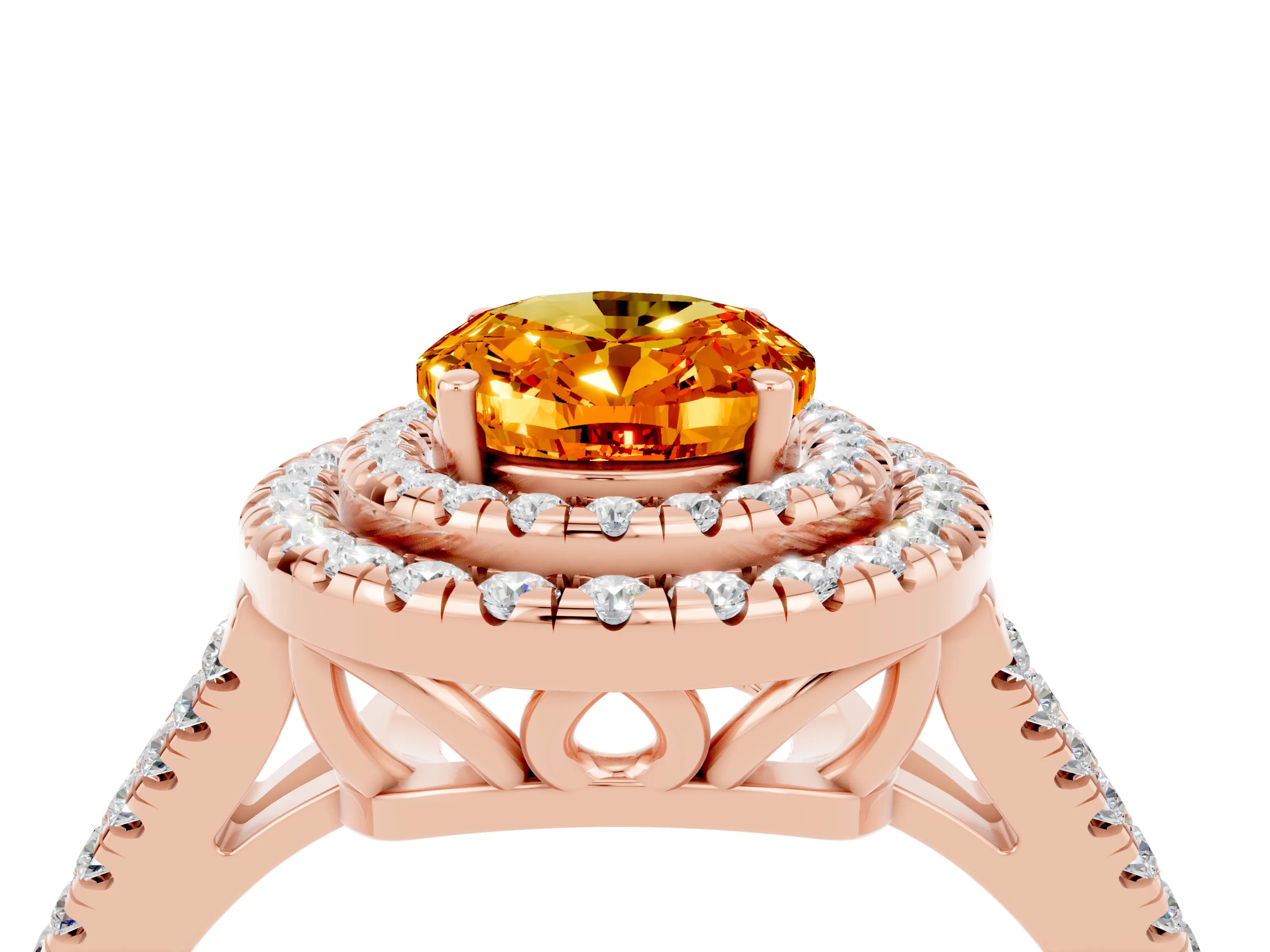 Rose gold Oval Cut Citrine Double Halo Ring with Pavé Band and Prong Setting_16