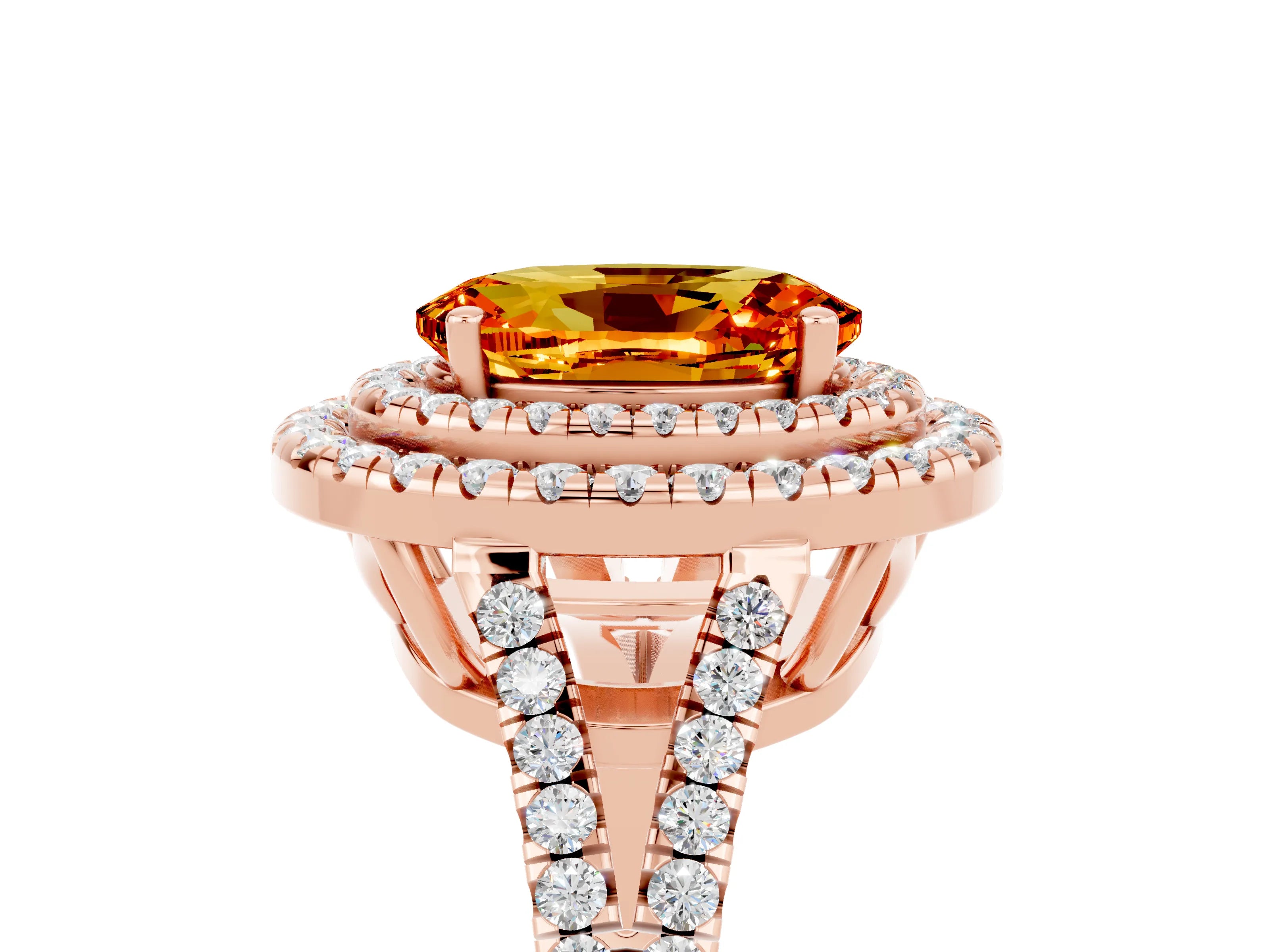 Rose gold Oval Cut Citrine Double Halo Ring with Pavé Band and Prong Setting_17