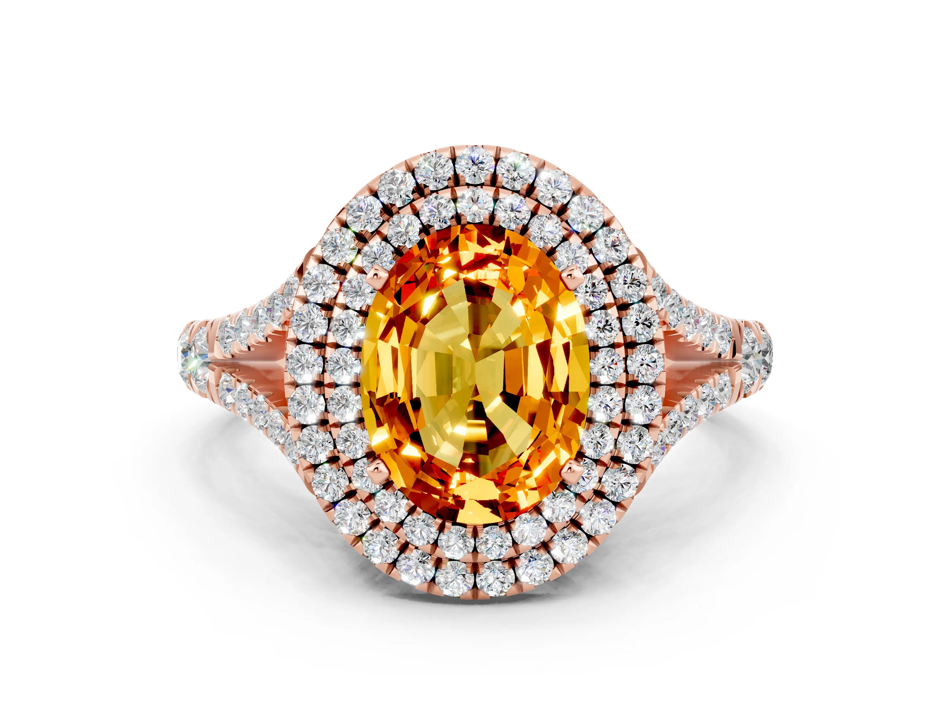 Rose gold Oval Cut Citrine Double Halo Ring with Split Shank and Prong Setting_12