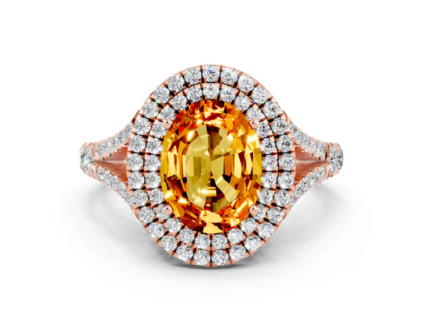 Rose gold Oval Cut Citrine Double Halo Ring with Split Shank and Prong Setting