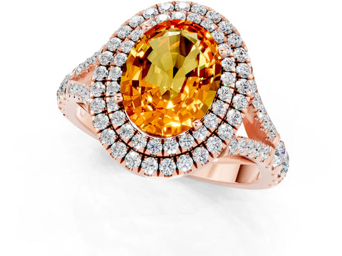 Rose gold Oval Cut Citrine Double Halo Ring with Split Shank and Prong Setting_13