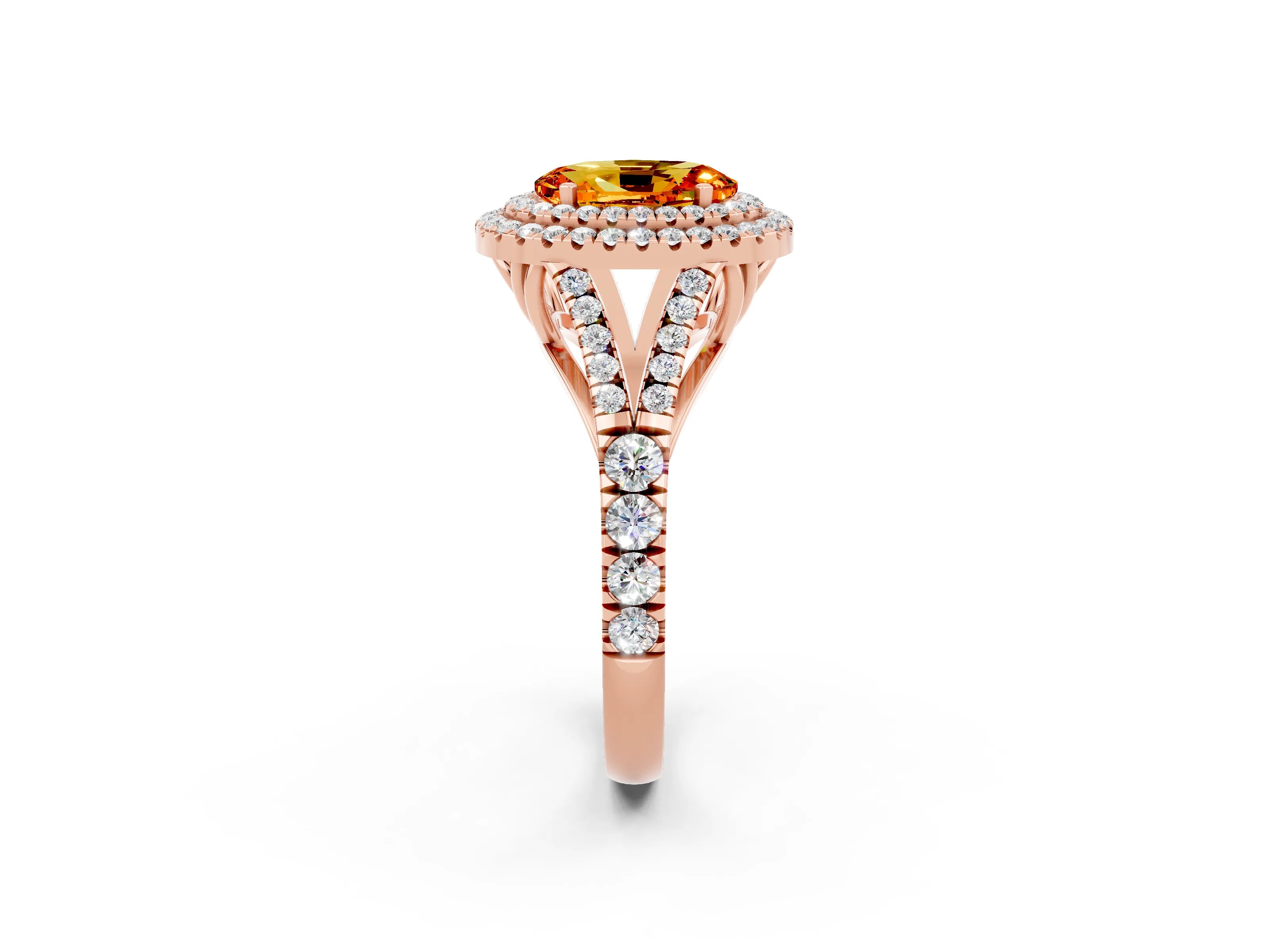 Rose gold Oval Cut Citrine Double Halo Ring with Split Shank and Prong Setting_14
