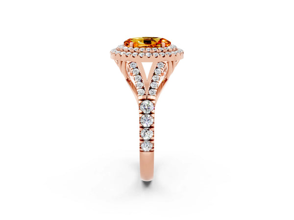 Rose gold Oval Cut Citrine Double Halo Ring with Split Shank and Prong Setting