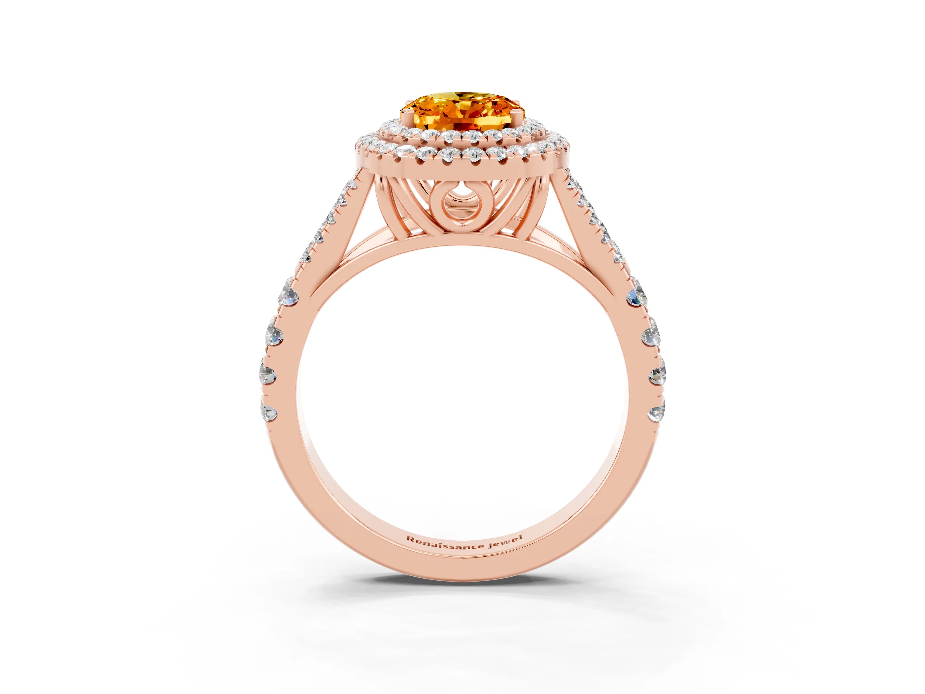 Rose gold Oval Cut Citrine Double Halo Ring with Split Shank and Prong Setting_15