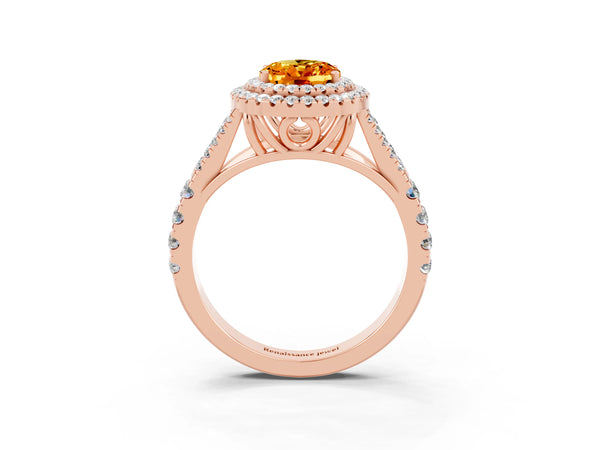 Rose gold Oval Cut Citrine Double Halo Ring with Split Shank and Prong Setting
