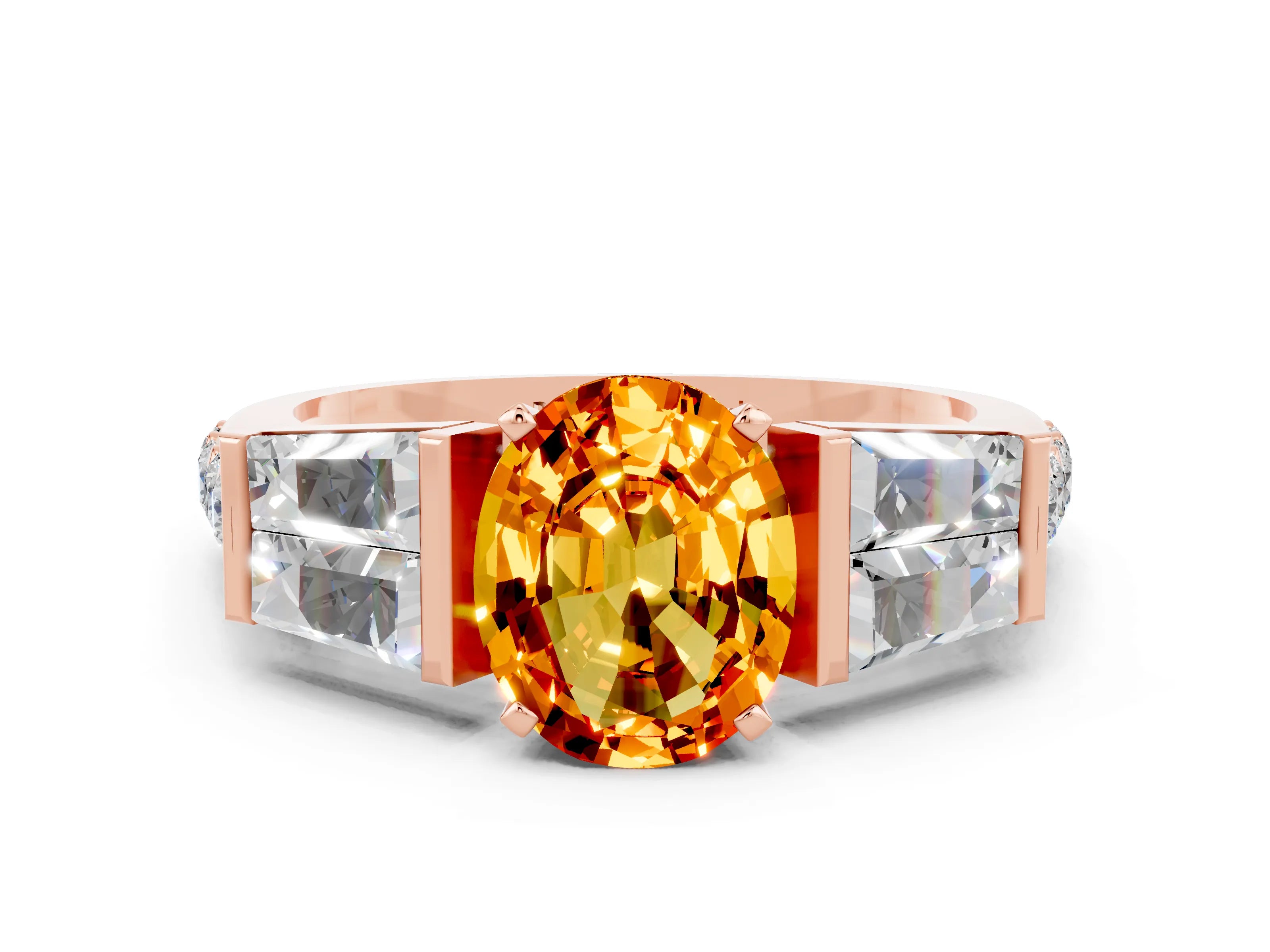 Rose gold Oval Cut Citrine Engagement Ring with Baguette Side Stones and Channel Set Band