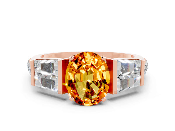 Rose gold Oval Cut Citrine Engagement Ring with Baguette Side Stones and Channel Set Band