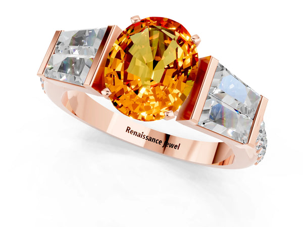 Rose gold Oval Cut Citrine Engagement Ring with Baguette Side Stones and Channel Set Band