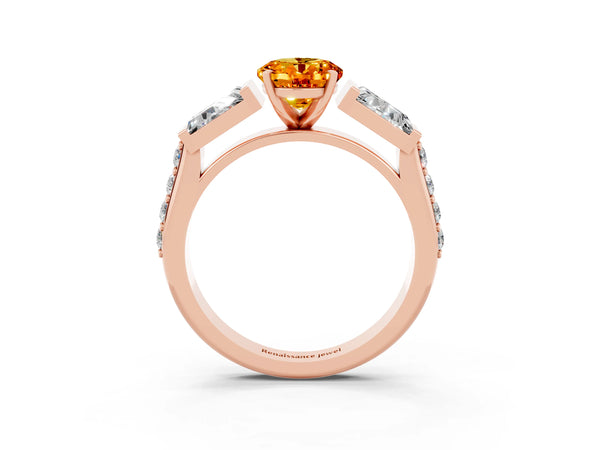 Rose gold Oval Cut Citrine Engagement Ring with Baguette Side Stones and Channel Set Band