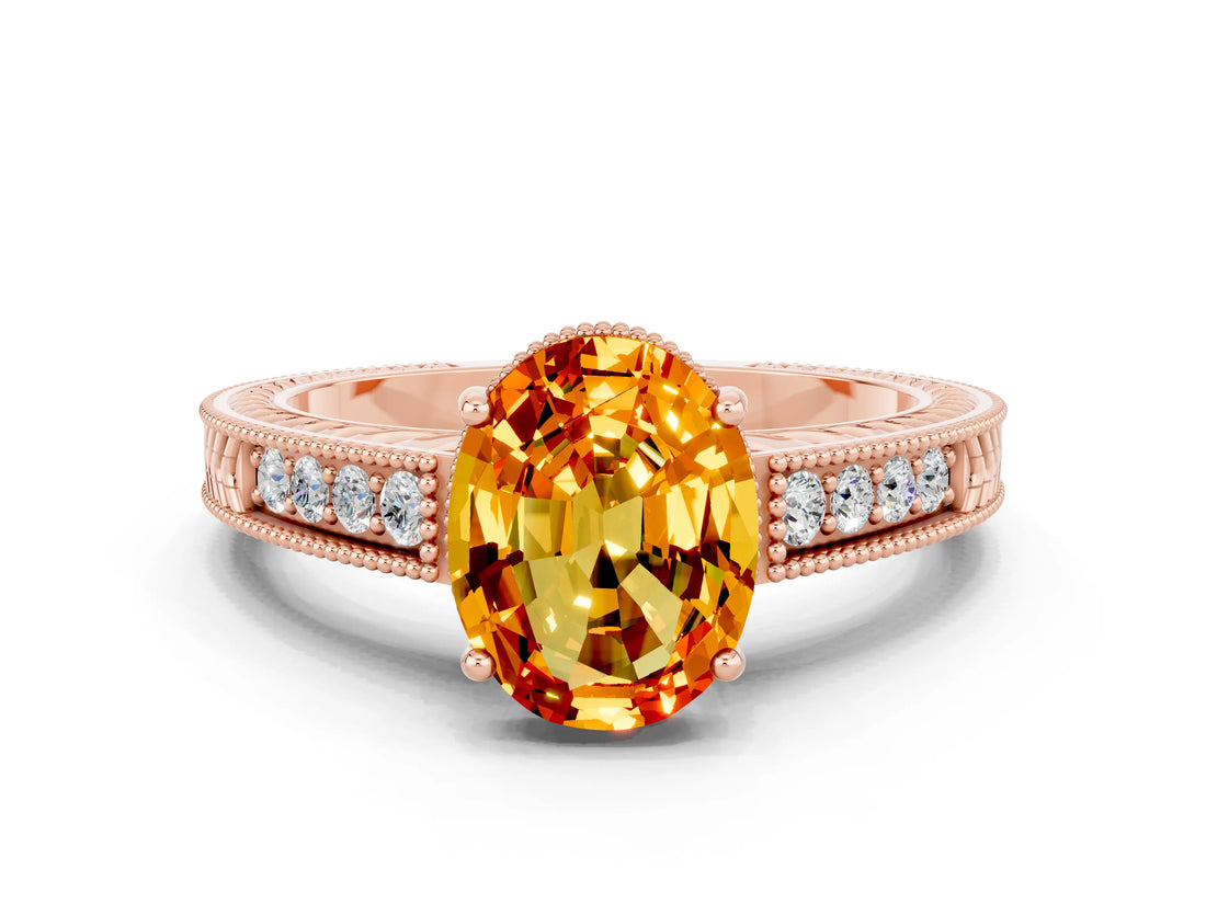 Rose gold Oval Cut Citrine Engagement Ring with Milgrain Channel Set Band and Prong Setting