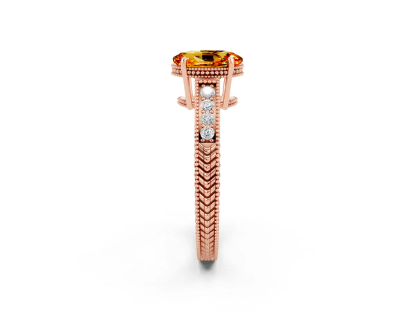 Rose gold Oval Cut Citrine Engagement Ring with Milgrain Channel Set Band and Prong Setting