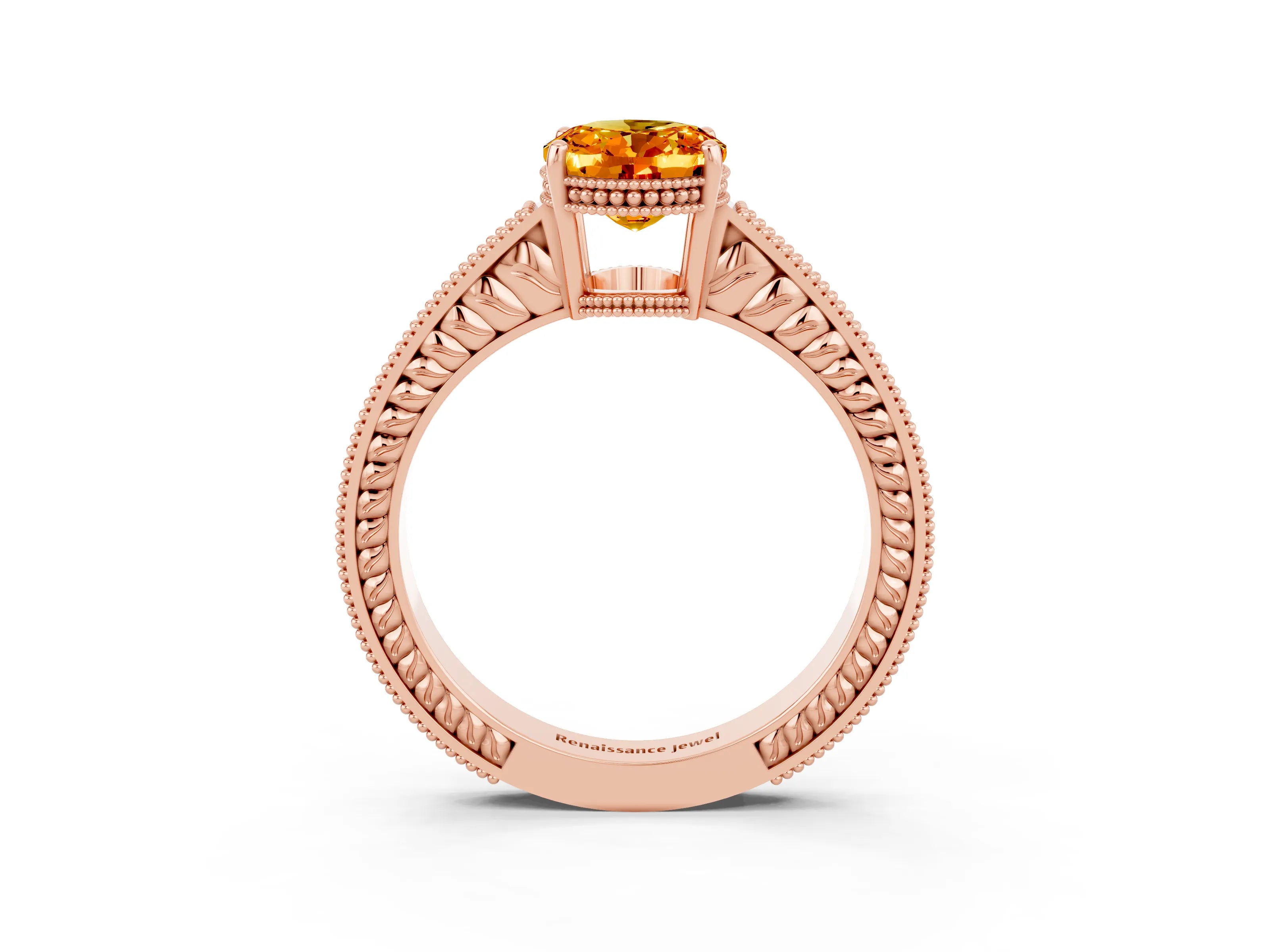 Rose gold Oval Cut Citrine Engagement Ring with Milgrain Channel Set Band and Prong Setting_3