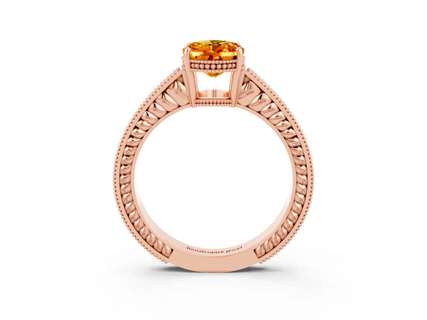 Rose gold Oval Cut Citrine Engagement Ring with Milgrain Channel Set Band and Prong Setting