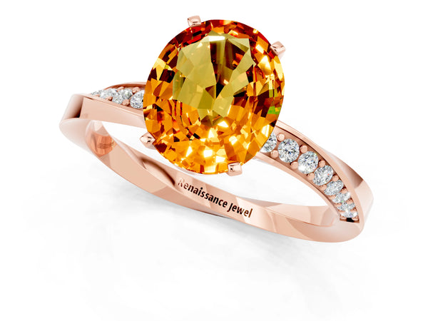 Rose gold Oval Cut Citrine Engagement Ring with Side Stone Accents and Four-Prong Setting