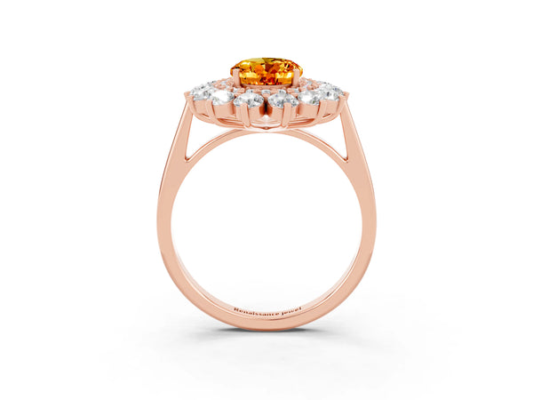 Rose gold Oval Cut Citrine Floral Double Halo Engagement Ring with Prong Setting