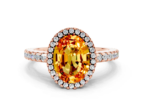 Rose gold Oval Cut Citrine Halo Engagement Ring with Pavé Band and Prong Setting