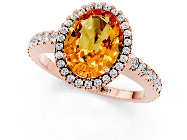 Rose gold Oval Cut Citrine Halo Engagement Ring with Pavé Band and Prong Setting