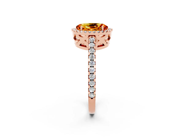 Rose gold Oval Cut Citrine Halo Engagement Ring with Pavé Band and Prong Setting