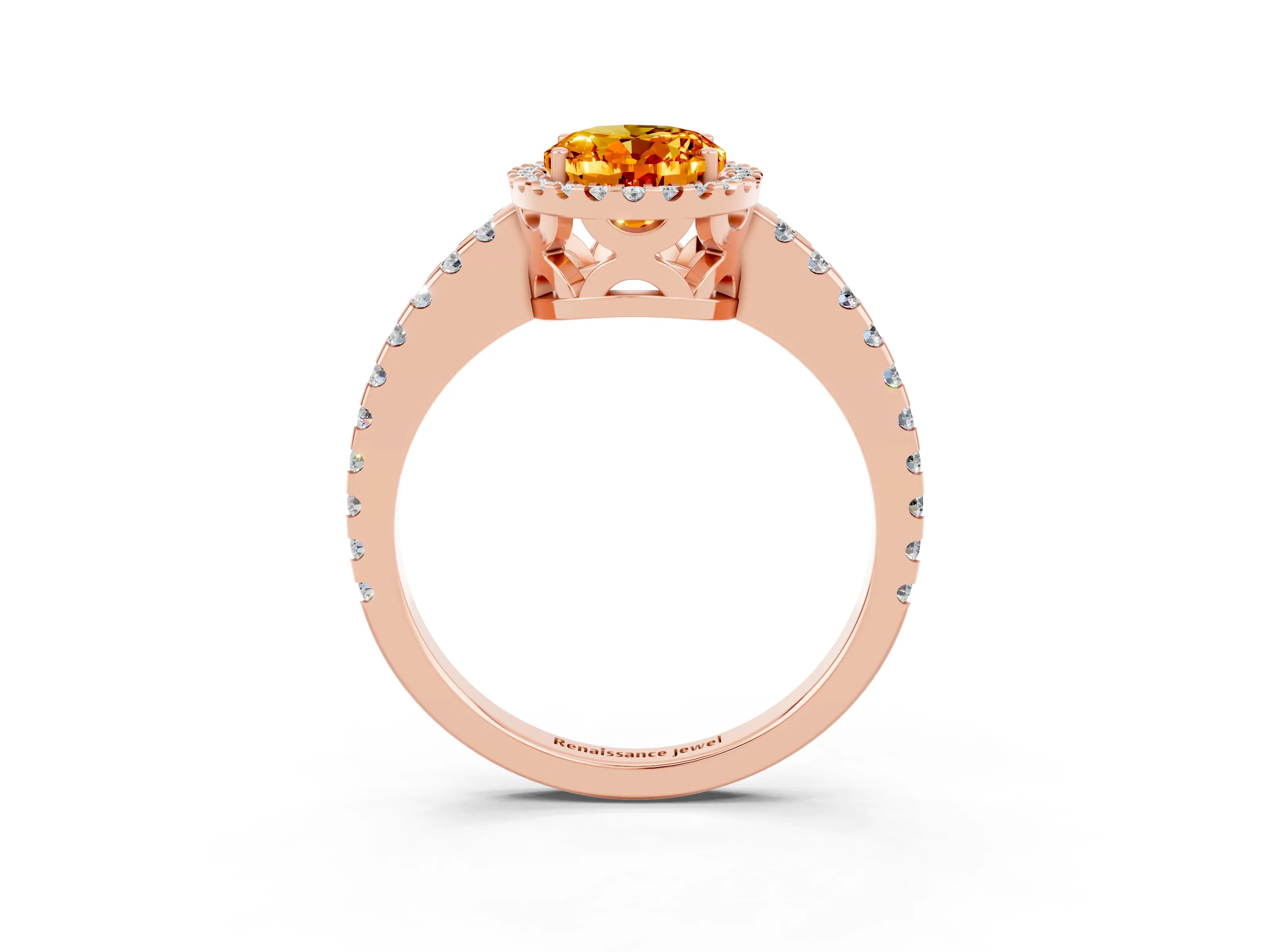 Rose gold Oval Cut Citrine Halo Engagement Ring with Pavé Band and Prong Setting_15