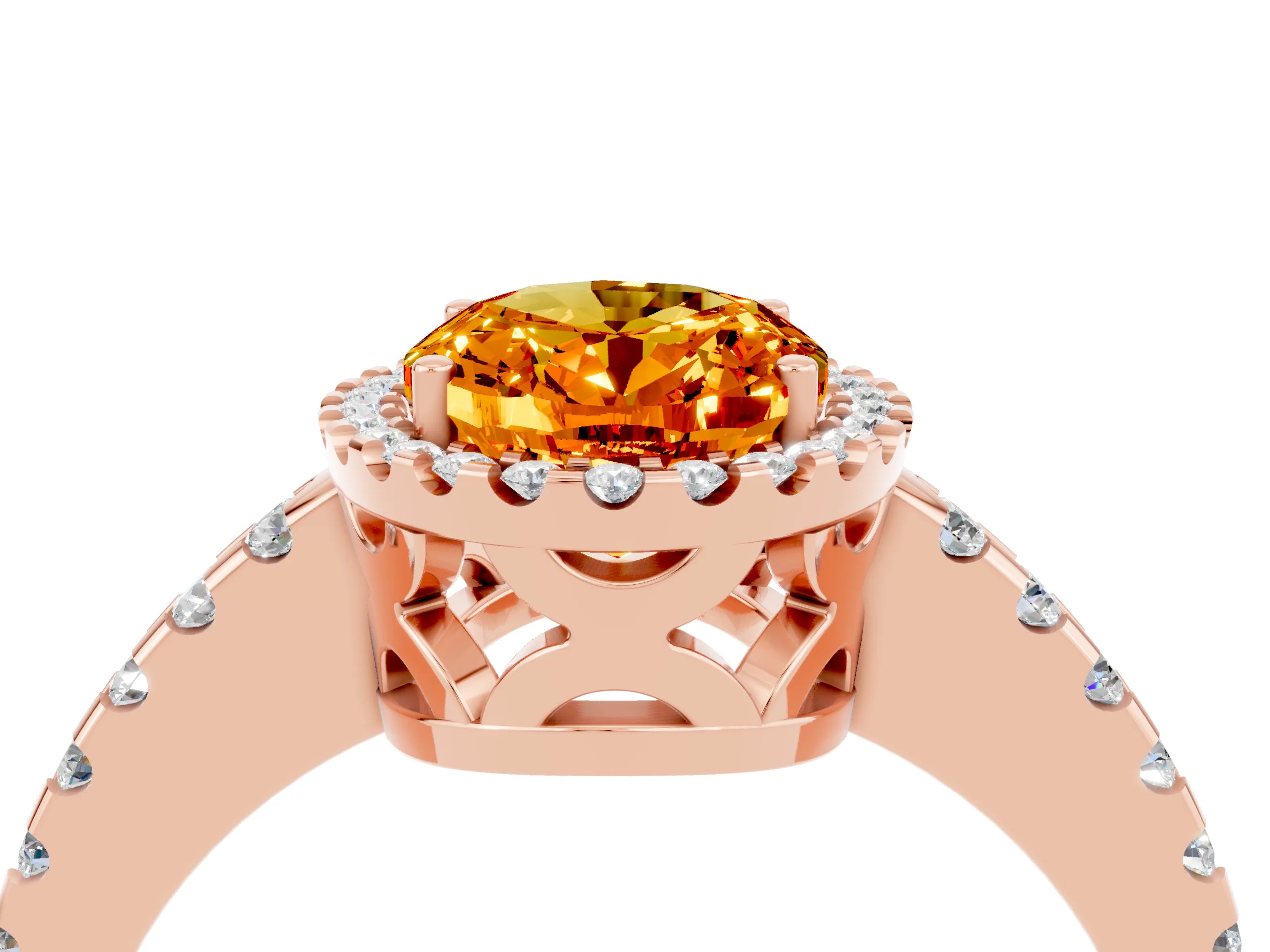 Rose gold Oval Cut Citrine Halo Engagement Ring with Pavé Band and Prong Setting_16